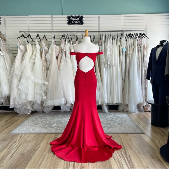 Red Off-the-Shoulder Formal Dress - Picture 3 of 5